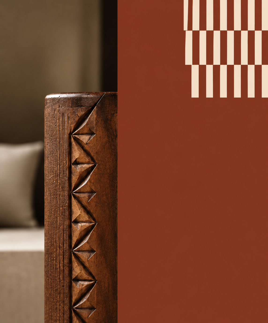 Carved wood detail with terracotta SABBAGH pattern field