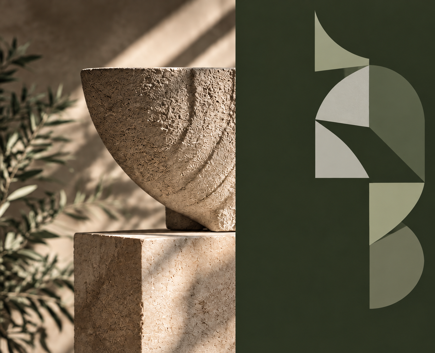 Sunlit stone vessel and dark olive geometric composition